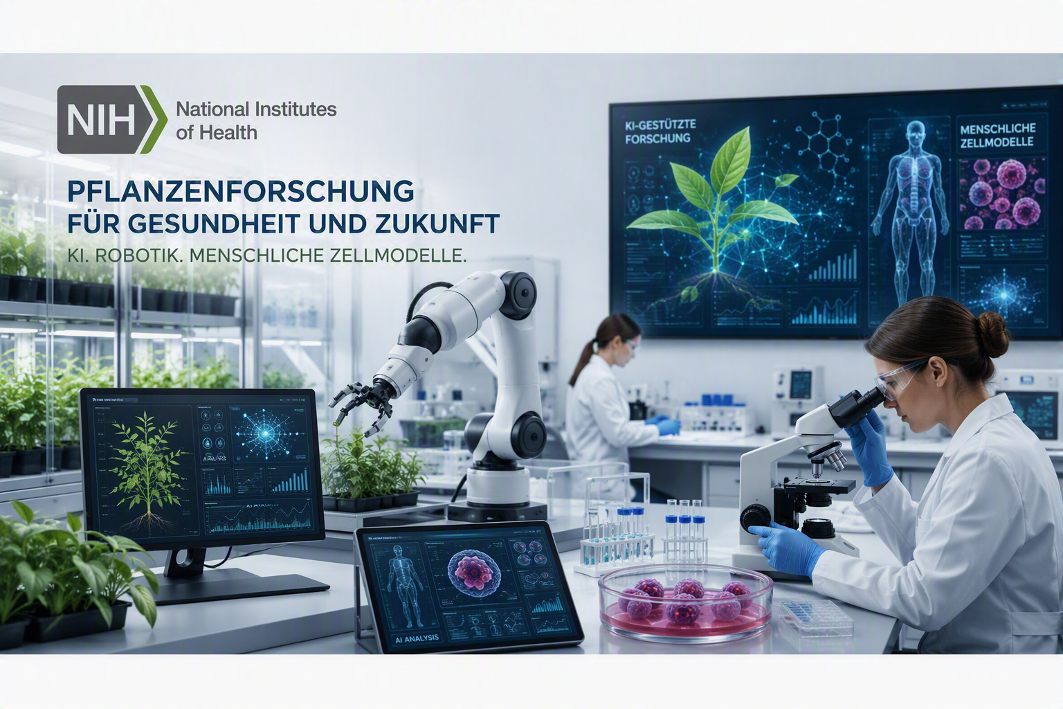 Redaktionelle Titelgrafik mit einer stilisierten Zellkultur, einem Roboterarm und einem verbundenen Datennetz.