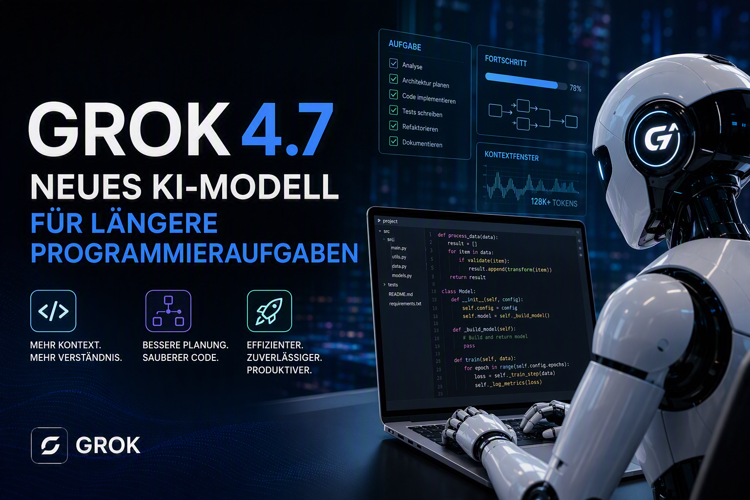 Redaktionelle Titelgrafik zu Grok 4.7 mit stilisiertem Codefenster und einer Abfolge verbundener Prüfschritte.