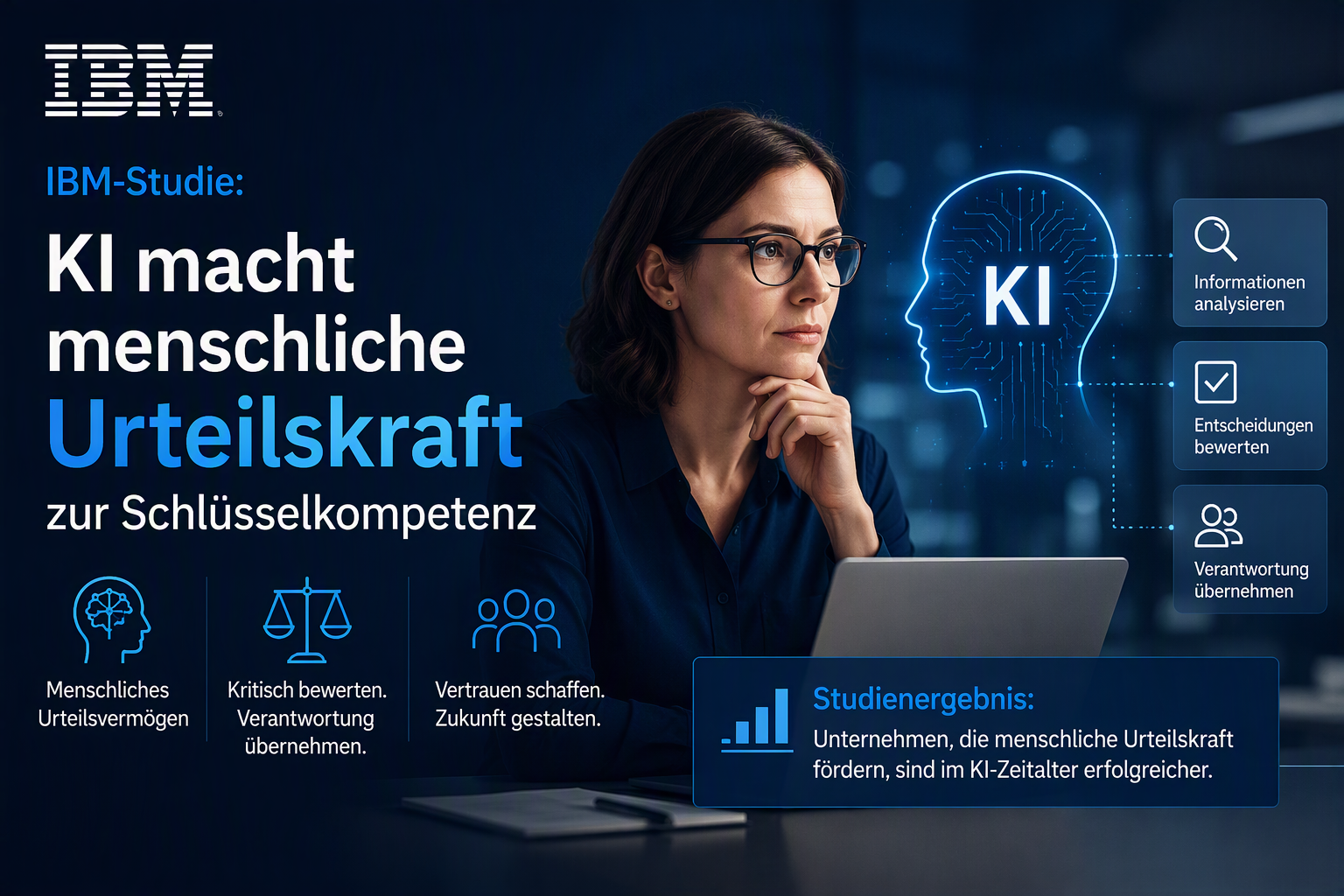 Redaktionelle Titelgrafik mit einem Menschen-Symbol zwischen einer KI-Antwort und einer bestätigten Entscheidung.