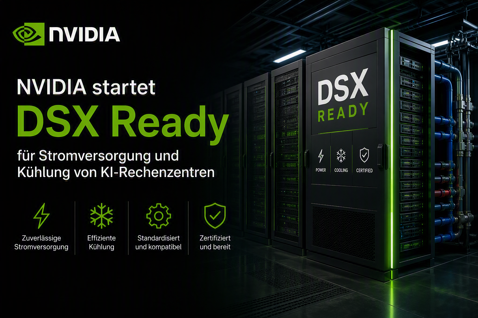 Redaktionelle Titelgrafik zu DSX Ready mit einem schematischen Serverrack zwischen Batteriespeicher und Kühlkreislauf.